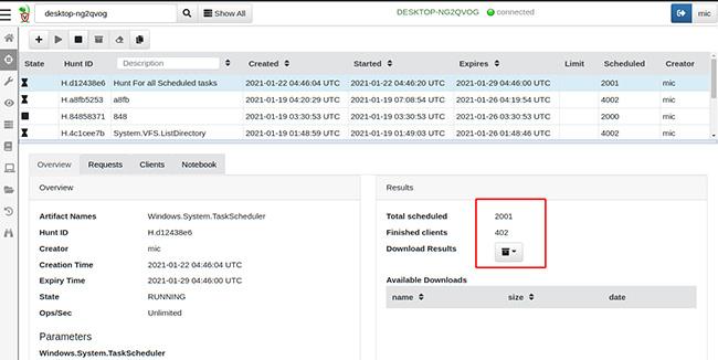 Velociraptor digital forensics and incident response dashboard used for forensic artifact collection and threat hunting.