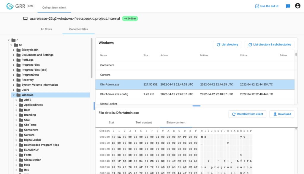 GRR Rapid Response DFIR platform collecting forensic evidence and analyzing Windows system files during a cybersecurity investigation.