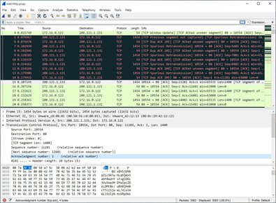 Wireshark packet analysis tool monitoring suspicious network traffic during a cybersecurity forensic investigation.